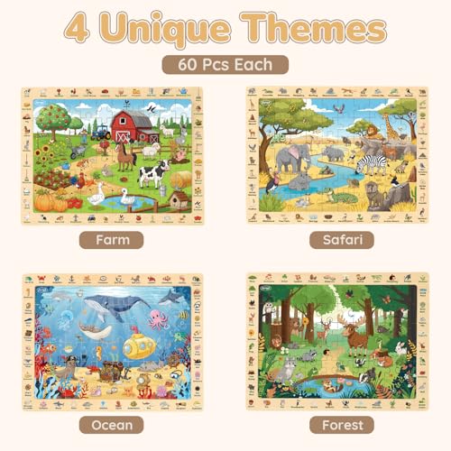 Joyreal Wooden Puzzles for Kids Ages 3-5 4-6, 4 x 60 Piece Puzzles | Match & Find, Educational Animal Learning Toys, Boys Girls Easter Birthday Gifts, Safari Ocean Farm Forest Activities