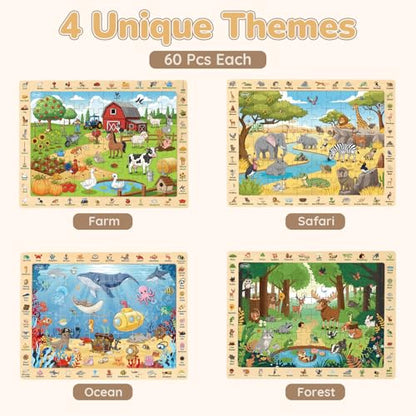 Joyreal Wooden Puzzles for Kids Ages 3-5 4-6, 4 x 60 Piece Puzzles | Match & Find, Educational Animal Learning Toys, Boys Girls Easter Birthday Gifts, Safari Ocean Farm Forest Activities