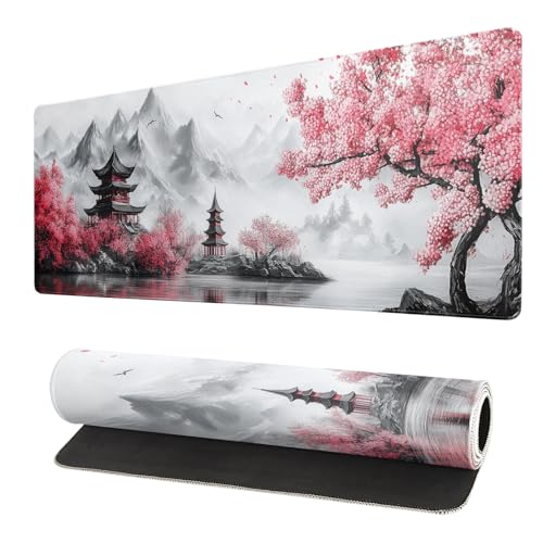 Retro Cherry Blossoms Mouse Pad 31.5x11.8 Inch White Full Desk Japanese Mousepad Extended Large Non-Slip Rubber Base Waterproof Big Keyboard Mat with Stitched Edges for Gaming and Office - color: Retro Cherry Blossoms