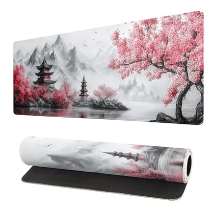 Retro Cherry Blossoms Mouse Pad 31.5x11.8 Inch White Full Desk Japanese Mousepad Extended Large Non-Slip Rubber Base Waterproof Big Keyboard Mat with Stitched Edges for Gaming and Office - color: Retro Cherry Blossoms