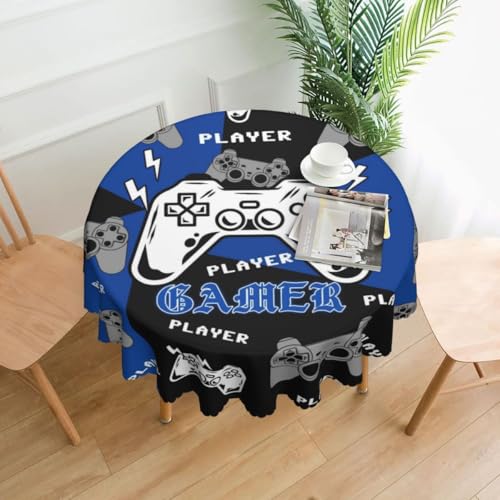 Gaming Table Cloths, Game Controller Blue Gamer Video Gamepad Abstract Cooling Funny Kids Coffee Birthday Party Table Cover Decor for Kitchen Dining Room Farmhouse Outdoor Home, 60" Round - color: Game-3, size: 60" (Round)