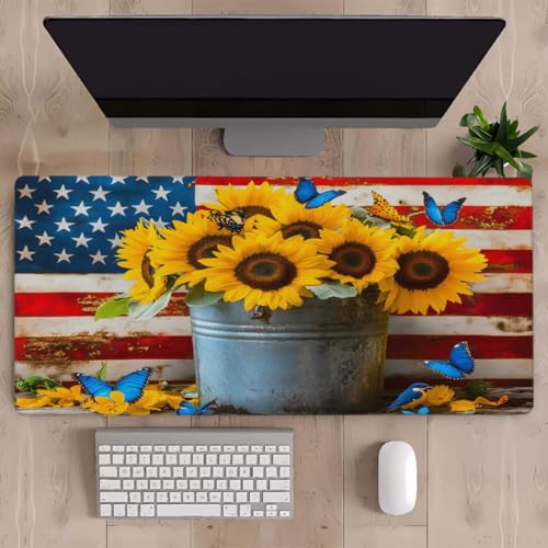 Sunflower American Flag Butterfly Gaming Mouse Pad, with Stitched Edges, Rubber Base Keyboard and Mouse pad Desk Mat Non-Slip Waterproof Protector Writing Pad for Work Game Office Home 15.7x35.4in - color: B 007, size: X-Large