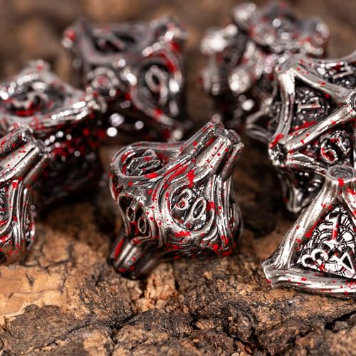Metal DND Dice 7PCS Metal Dice Set Bloodstained for Tabletop Games | Leather Storage Bag, DM Gift, for Dungeons and Dragons Role Playing Games - color: Metal Tree-blood