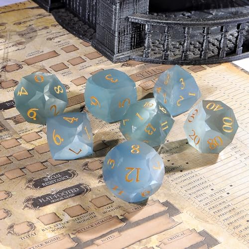 Natural Aquamarine Gemstone Dice Set, 7-Piece Handcrafted Polyhedral Dice with Gold Engraving, Ideal for D&D, RPG, MTG & Tabletop Games, Gift Box Included (Cat's Eye - Blue) - color: Cat's Eye - Blue