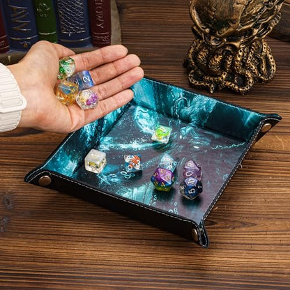 DND Dice Rolling Tray PU Leather Dice Trays Folding Square Dice Storage Case for RPG Tabletop Games, Jewelry Valet Tray for Women and Men - color: Green