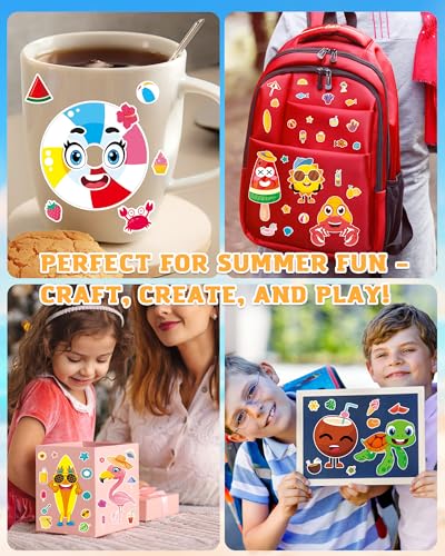 Aowplc 48 Sheets Summer Fun Make-a-Face Sticker Set for Kids – Create Your Own Faces with Beach, Tropical & Animal Stickers – Ideal Summer Crafts, Party Favors & Creative Activities - style: Summer Vibe