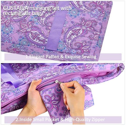 American Mahjong Tile Set, 166 White Tiles Mahjong Set, 4 Transparent All-in-One Racks/Pushers, Complete Game Set with Purple Printed Carrying Bag - color: Purple