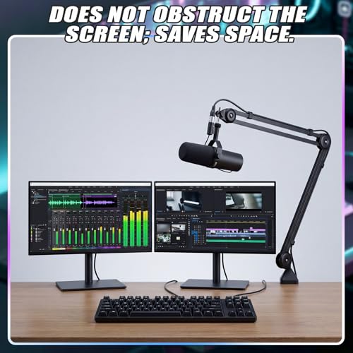 Microphone Boom Arm, 360° Rotatable Mic Arm Stand, Adjustable Height Overhead Mic Holder with Desk Clamp, Cable Channels, 3/8" to 5/8" Threads for Podcast Streaming Gaming Studio Recording