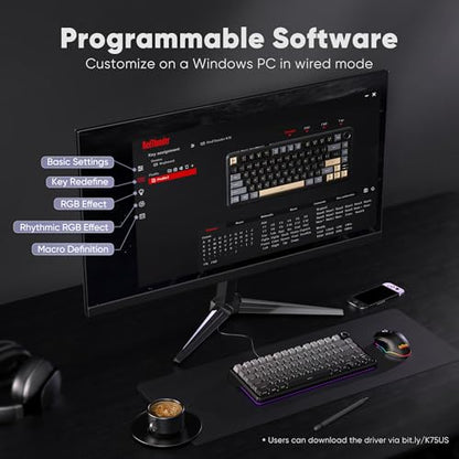 RedThunder K75 Wireless Mechanical Gaming Keyboard, 75% Hot Swappable Creamy Keyboard with Knob, RGB Backlit, Pre-lubed Linear Switches, Side Engraved PBT Keycaps, Wireless/Wired/BT5.0, Gradient Gray - color: Gradient Gray