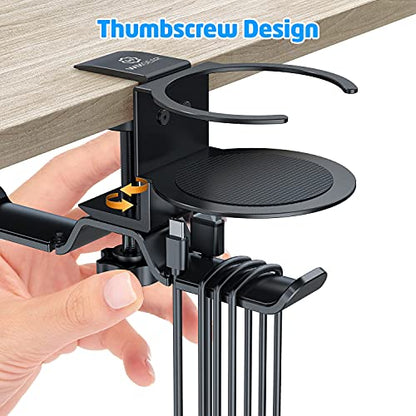 Headphone Stand, 2 in 1 PC Gaming Headset Stand Cup Holder, with Cable Organizer, 360° Adjustable & Rotating Arm Clamp Headphone Holder, Suitable for All Headphones and Drinks