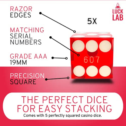 Luck Lab Black Leather Dice Stacking Cup with 5 Serialized Razor Edge 19 mm Casino Dice - Pro Straight Cup for Stacking and Magic Tricks (Red Dice) - color: Red Dice