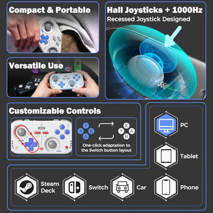 IINE Retro Pocket Wireless Game Controller – Compact Gamepad with Hall Effect Joysticks, Customizable Buttons, 1000Hz Polling Rate – Compatible with PC, Switch, Mobile, Steam Deck, Tablet (Grey) - color: Grey