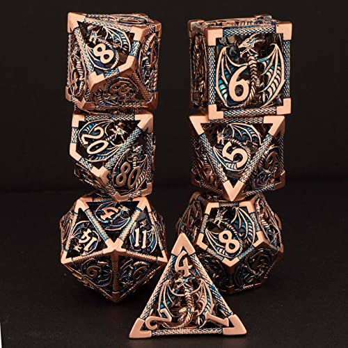 KERWELLSI Hollow DND Dice Set D&D with Gifts Box, 7pcs Polyhedral Metal D and D Dice for Role Playing Game, Dungeon Dragon Dice D20 D12 D10 D8 D6 D4 (Gold Blue) - color: Gold Blue