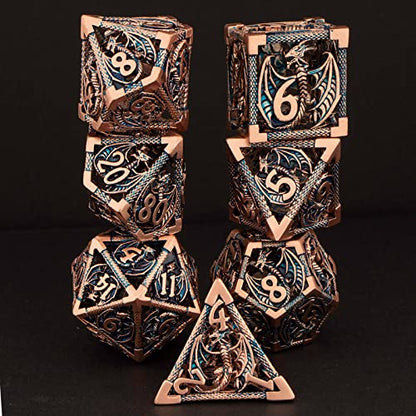 KERWELLSI Hollow DND Dice Set D&D with Gifts Box, 7pcs Polyhedral Metal D and D Dice for Role Playing Game, Dungeon Dragon Dice D20 D12 D10 D8 D6 D4 (Gold Blue) - color: Gold Blue