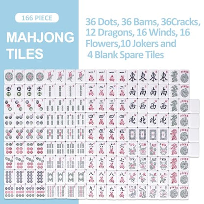 TIASUSAN American Mahjong Set(Light Blue), 166 Engraved Tiles, Bag and Mahjong Accessories, 4 Racks with Pushers, Mahjong Tile Set for Beginners - color: Light Blue