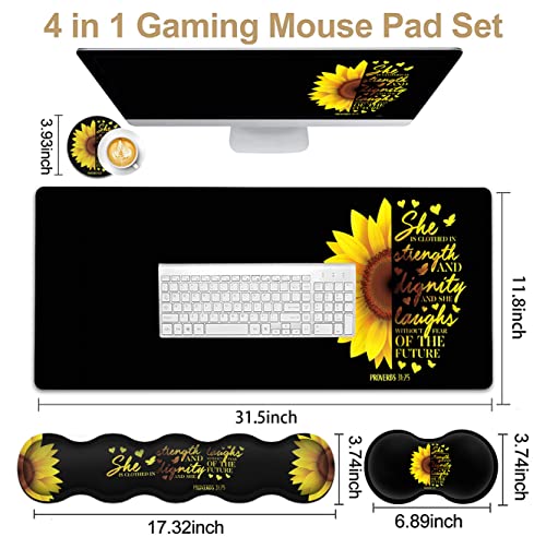 Gaming Black Mouse Pad + Keyboard Wrist Rest XL Large Mouse Mat Sunflower Christian Verse Proverbs 31-25 Extended Desk Pad Non-Slip Rubber Mice Pads Stitched Edges Pad (31.5x11.8 in) - color: JV-mouse pad-8-3