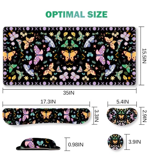 ARTSO Desk Mat Set, Black Butterfly Extended Gaming Mouse Pad with Wrist Rest Support +Keyboard Wrist Rest +Coaster, Large Cute Mousepad, Easy Typing and Pain Relief - color: Black Butterfly
