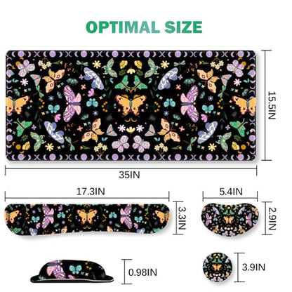 ARTSO Desk Mat Set, Black Butterfly Extended Gaming Mouse Pad with Wrist Rest Support +Keyboard Wrist Rest +Coaster, Large Cute Mousepad, Easy Typing and Pain Relief - color: Black Butterfly