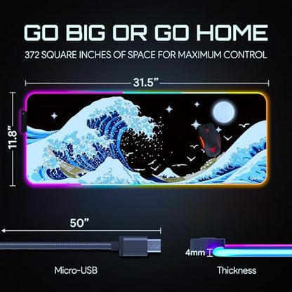 Gerlos RGB Gaming Mouse Pad, Large LED Desk Mat, 31.5 x 11.8 Inch | 12 light modes, non-slip base, water-resistant surface, stitched edges - color: Wave