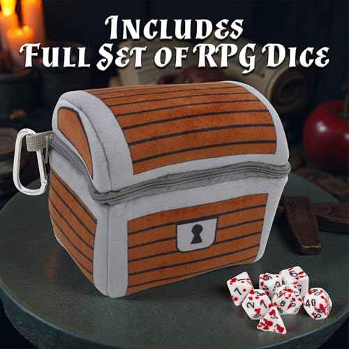 CASEMATIX Mimic Dice Chest and DND Dice Case with 7 Included RPG Dice - 6.5" Mimic Chest Bag with Zipper and Carabiner, Holds 150 Polyhedral Pieces - style: Chest