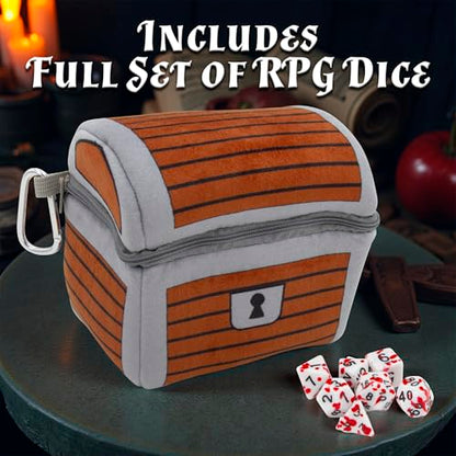 CASEMATIX Mimic Dice Chest and DND Dice Case with 7 Included RPG Dice - 6.5" Mimic Chest Bag with Zipper and Carabiner, Holds 150 Polyhedral Pieces - style: Chest