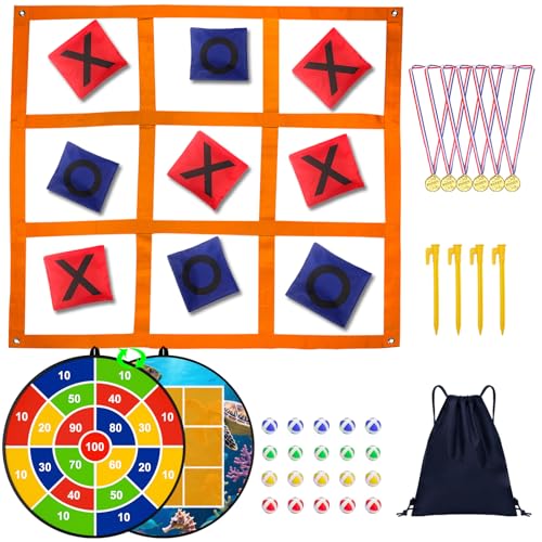 2-in-1 Outdoor Giant Tic Tac Toe Bean Bag Toss Games, Tic Tac Toe Ball Toss Game and Dart Board Games with Sticky Balls for Kids Adults Large Lawn Carnival Yard Birthday Family Outside Party Games - size: D+GT-42