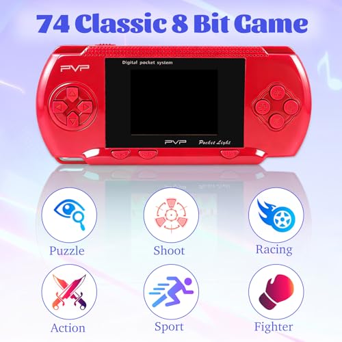 Red Handheld Game Console, 74 Built-in 8-Bit Games | Portable game player with 74 retro games, 2.4" Screen, USB rechargeable battery, fun gift for kids and families - color: Red