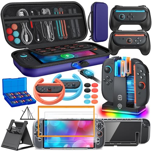 Switch 2 Accessories, Case Bundle with Charger, Grip & Wheel for Nintendo 2 | FYOUNG [Charge Inside] Travel Hard Case, Charging Dock, Ergonomic Grip&Steering Wheel for Mario Kart,Tempered Glass -Blue - color: Blue