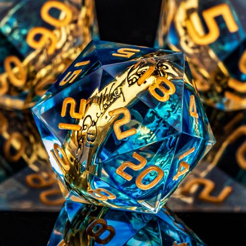 OUKELANWO Magic Lord Rings DND Dice Set with Box, 7Pcs Resin LOTR D&D Dice Set for Role Playing Game, Blue Gold Dungeons Dragons D and D Sharp Edge Dice D20 D12 D10 D8 D6 D4 - color: Blue