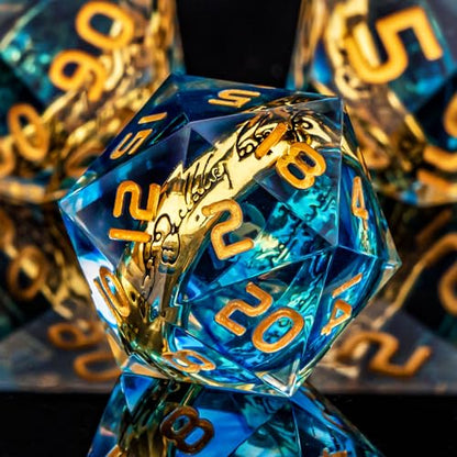 OUKELANWO Magic Lord Rings DND Dice Set with Box, 7Pcs Resin LOTR D&D Dice Set for Role Playing Game, Blue Gold Dungeons Dragons D and D Sharp Edge Dice D20 D12 D10 D8 D6 D4 - color: Blue
