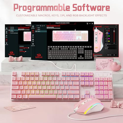 Redragon Updated S107WP Gaming Keyboard and Mouse, RGB Gaming Keyboard and 10000 DPI Mouse Combo with 25-Key Anti-Ghosting, 1K Hz Programmable Mice with Software, Plug & Play to PC, Laptop - Pink - color: Pink