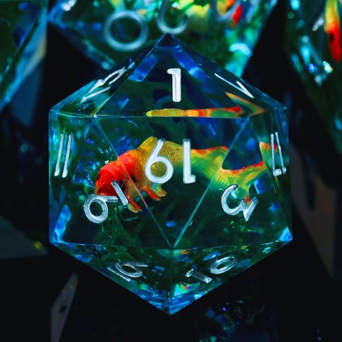 Moss and Koi Fish DND Dice Set - 7Pcs Sharp Edge Resin Polyhedral Game Dice for D&D RPG - Includes D20, D12, D10, D8, D6, D4 - Moss Agate Fish Design(Blue) - color: Blue