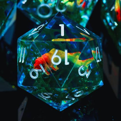 Moss and Koi Fish DND Dice Set - 7Pcs Sharp Edge Resin Polyhedral Game Dice for D&D RPG - Includes D20, D12, D10, D8, D6, D4 - Moss Agate Fish Design(Blue) - color: Blue