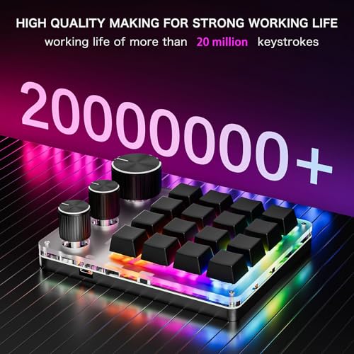 Programmable Macro Keyboard, 16 Keys 3 Knob Mini Mechanical Gaming Keypad Multifunctional Macropad with USB Wired Bluetooth Mode Volume Controller (Black) - color: Black