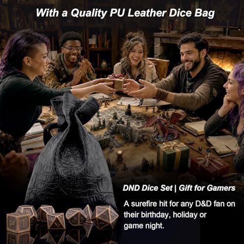 Haxtec Metal DND Dice Set, 7 Pcs Ancient Polyhedral Dice for Table Games | Copper D&D Dice with Leather Bag, Compatible with Dungeons and Dragons, Antique Heavy Metallic, TTRPG Gifts for DND Lovers - color: Copper