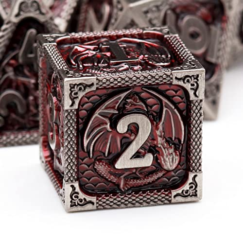 Haxtec DND Dice Set Metal D&D Dice Set with Leather Dice Bag Antique Iron Red Metal Polyhedral Dice Compatible with Dungeons and Dragons TTRPG Gifts - color: Grey Red