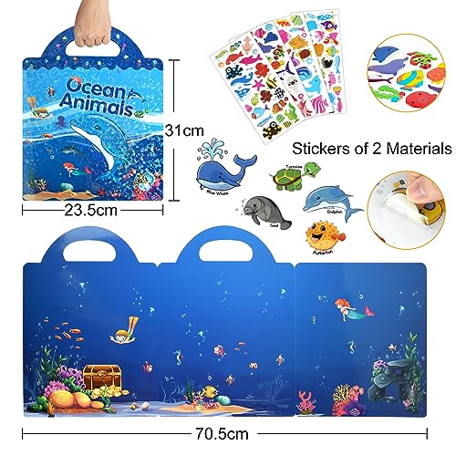 ASTARON Reusable Sticker Book for Toddlers, 88 Pcs Ocean Stickers Road Trip Activities Car Airplane Activities Travel Toys for Kids, Kids Quiet Time Activities (2-6 Age) - style: Ocean animals