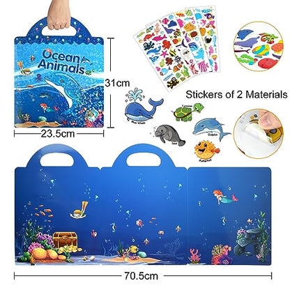ASTARON Reusable Sticker Book for Toddlers, 88 Pcs Ocean Stickers Road Trip Activities Car Airplane Activities Travel Toys for Kids, Kids Quiet Time Activities (2-6 Age) - style: Ocean animals