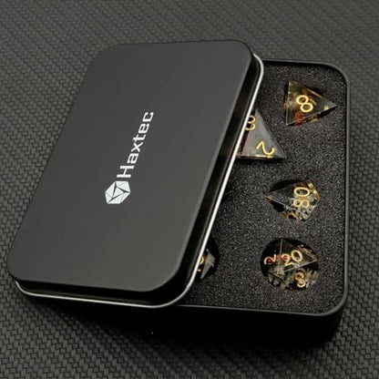 Haxtec Flower DND Dice Set Sharp Edge Resin Polyhedral Dice, Floral D&D Dice with Metal Case, Handmade Flower Inside Dice Set for Dungeons and Dragons TTRPG, Winter Black DND Gift - color: Black