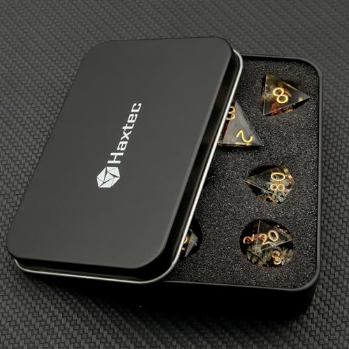 Haxtec Flower DND Dice Set Sharp Edge Resin Polyhedral Dice, Floral D&D Dice with Metal Case, Handmade Flower Inside Dice Set for Dungeons and Dragons TTRPG, Winter Black DND Gift - color: Black