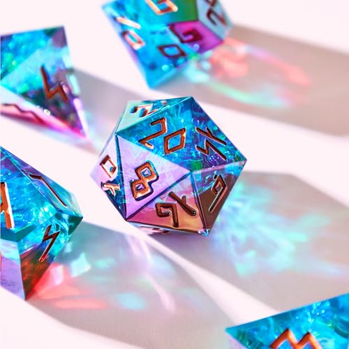Iridescent DND Dice Set with Glowing LED Display Box – Sharp Edge Polyhedral Dice with Mesmerizing Finish | Bonus Stickers Included | Dungeons and Dragons (TTRPG) Dice Set - color: (Non-liquid Core) Iridescent - Aetherflare