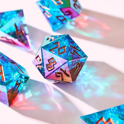Iridescent DND Dice Set with Glowing LED Display Box – Sharp Edge Polyhedral Dice with Mesmerizing Finish | Bonus Stickers Included | Dungeons and Dragons (TTRPG) Dice Set - color: (Non-liquid Core) Iridescent - Aetherflare