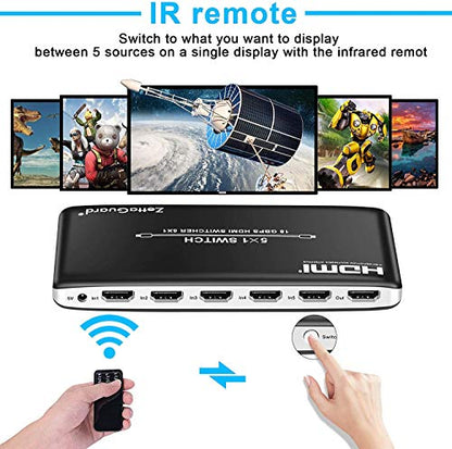 4K 60Hz 5 Port 5 x 1 HDMI Switch with IR Remote Control HDMI 2.0 Switcher Support 18Gbps 4K x 2K 3D HDCP 2.2 HDMI Splitter Hub Port Switches for PS4 Xbox Apple TV Fire Stick Blu-Ray Player - style: 5 In 1 Out