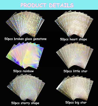 300 Pcs Kpop Photocard Sleeves Laser Flashing Card Sleeves Heart Star Glass Gemstone Rainbow Holographic Trading Card Protector for Photocard Mini Polaroid Kpop Photo Cards