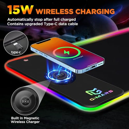 Gimars RGB Gaming Mouse Pad,15W Wireless Charging Mousepad with 10 Light Modes, Large Mousepad with Premium Smooth Surface, Non-Slip Mouse Mat for Gaming, Desk, PC,Office, 31.5x11.8x0.16inch - color: Black-RGB+Wireles Charging