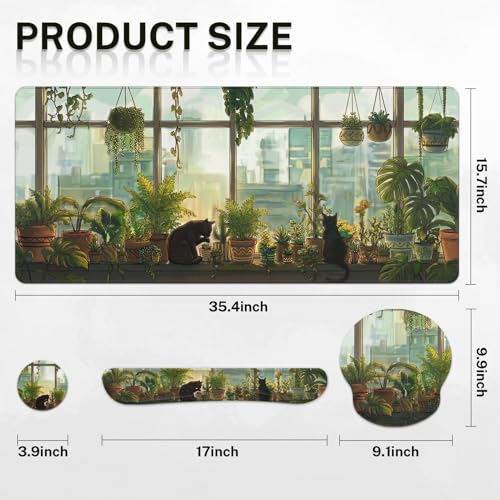 Britimes Cute Cat Keyboard Mouse Pad Set Green Plants 4in1 Large Mousepad+Keyboard Wrist Rest+Mouse Wrist Rest+Coaster Ergonomic Design for Home Office Computer 35.4x15.7 inches - color: Black Cat