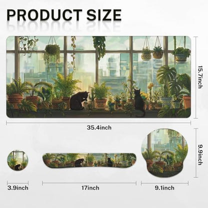 Britimes Cute Cat Keyboard Mouse Pad Set Green Plants 4in1 Large Mousepad+Keyboard Wrist Rest+Mouse Wrist Rest+Coaster Ergonomic Design for Home Office Computer 35.4x15.7 inches - color: Black Cat