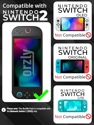 Orzly Switch 2 Accessories Bundle Carry Case & Screen Protector for Nintendo Switch 2 (2025) Console, TravelCase, Screen Protection, Grip Case, USB-C Cable, Games Holder, Headphones, Thumbgrips - size: 7.9 inch Switch 2