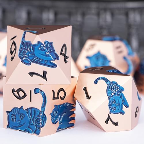 Metal DND Cat Dice 7PCS Polyhedral RPG Dice Set with Gift Case for Dungeons Dragons Role Playing Game, D and D Dice D6 D8 D10 D12 D20 D% (Copper Blue) - color: Cat-copper Blue