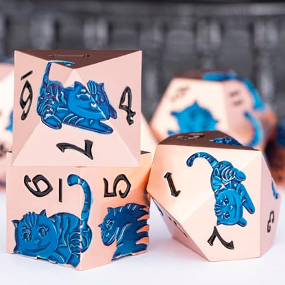 Metal DND Cat Dice 7PCS Polyhedral RPG Dice Set with Gift Case for Dungeons Dragons Role Playing Game, D and D Dice D6 D8 D10 D12 D20 D% (Copper Blue) - color: Cat-copper Blue